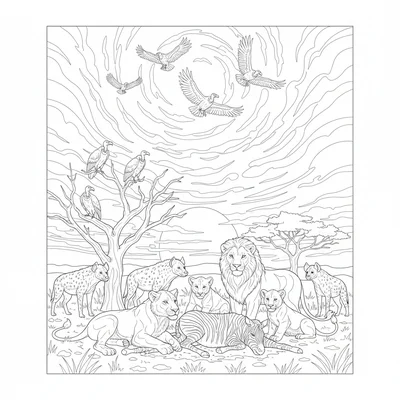 A savanna lion pride at a kill, several lionesses and cubs arranged around coloring page