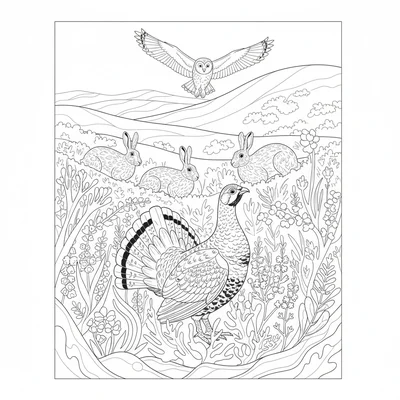 A Scottish Highland red grouse moorland scene with a red coloring page