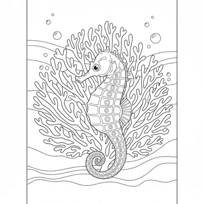 A sea horse clinging to a sea fan coral, its coiled tail gripping the fan coloring page