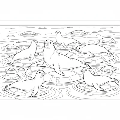 A sea lion sunbathing on a flat rocky island shore, several others crowded coloring page