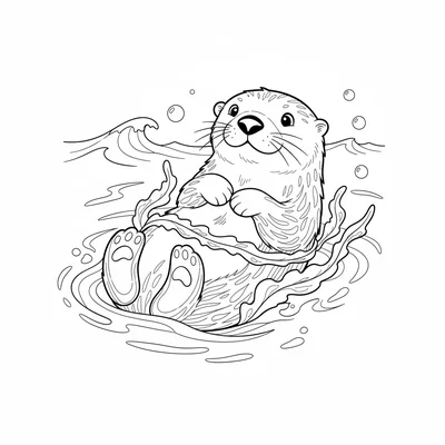 A sea otter floating on its back in the ocean, its rounded body resting coloring page