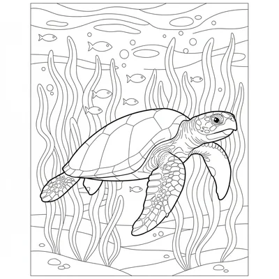 A sea turtle swimming through a sunlit kelp forest, its flippers spread wide coloring page
