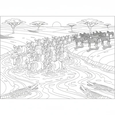 A Serengeti wildebeest migration scene with a large group of wildebeest coloring page