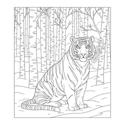 A Siberian tiger sitting at the edge of a birch forest in deep snow, its vivid coloring page