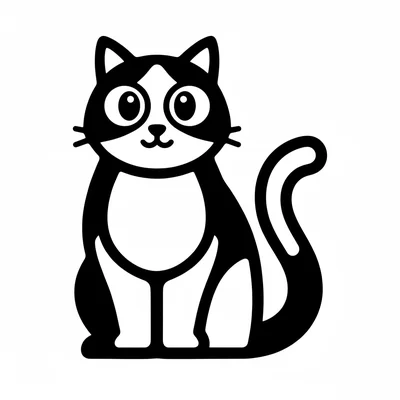 A small black and white cat facing forward with big round green eyes taking up coloring page