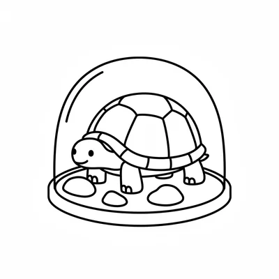 A small turtle inside a simple glass terrarium, its dome shell visible coloring page