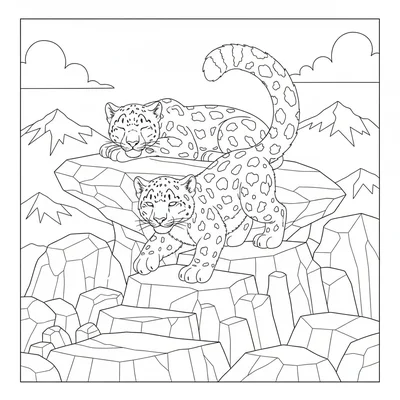 A snow leopard cub exploring the rocks of a high Himalayan valley, its large coloring page