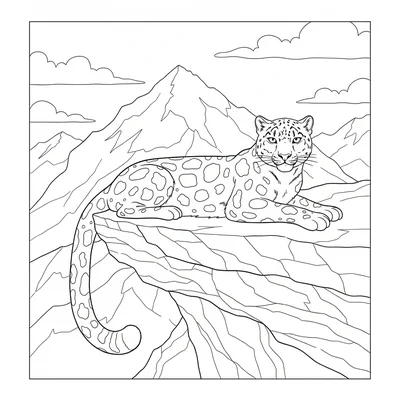 A snow leopard lying stretched on a high rocky mountain ledge, its long spotted coloring page