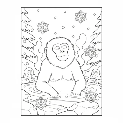 A snow monkey sitting in a natural hot spring in winter, its pink face above coloring page