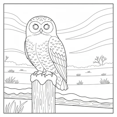 A snowy owl perched on a snow-covered fence post at the edge of a winter field coloring page
