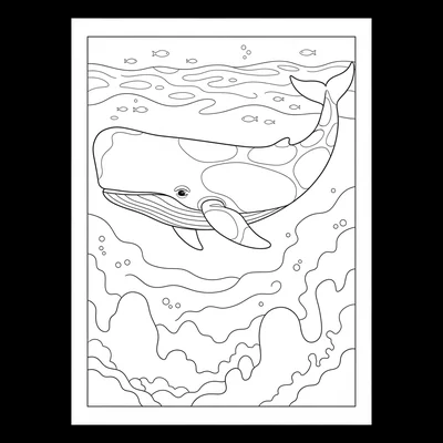 A sperm whale diving deep below the ocean surface, seen from the side as it coloring page