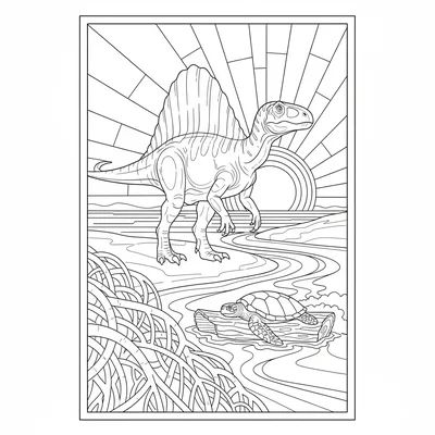 A Spinosaurus at a river mouth where freshwater meets the sea, one foot on a sa… coloring page