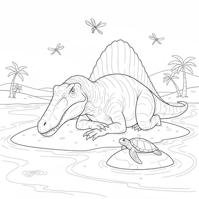 A Spinosaurus resting on a sandbar in the middle of a river, its long snout res… coloring page