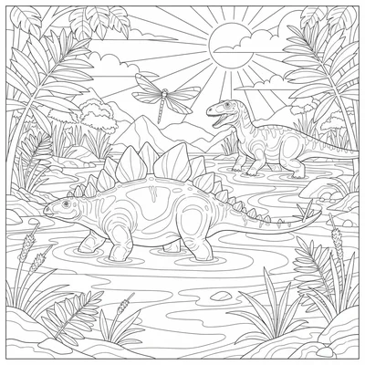 A Stegosaurus and Allosaurus sharing a Jurassic riverbank, the stegosaurus wadi… coloring page