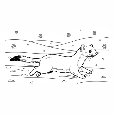 A stoat in white winter ermine coat running across a snowy field, its pure coloring page