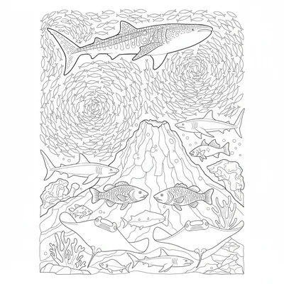 A submarine seamount hotspot scene with a whale shark moving across the top coloring page