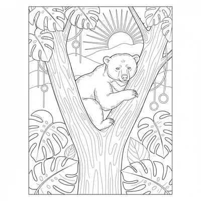 A sun bear in a Borneo rainforest resting in the fork of a tall tree, its coloring page