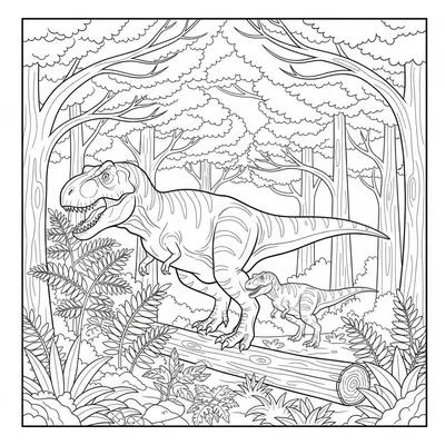 A T-Rex and its juvenile walking together through a Cretaceous forest, the adul… coloring page