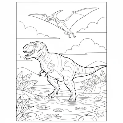 A T-Rex standing at the edge of a prehistoric watering hole at dusk, one foot i… coloring page