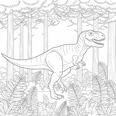 A T-Rex striding through a Cretaceous forest clearing, viewed from the side, on… coloring page