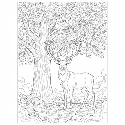 A temperate oak woodland autumn scene with a red deer stag standing below coloring page