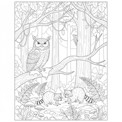 A temperate rainforest canopy scene with a great horned owl perched on a mossy coloring page