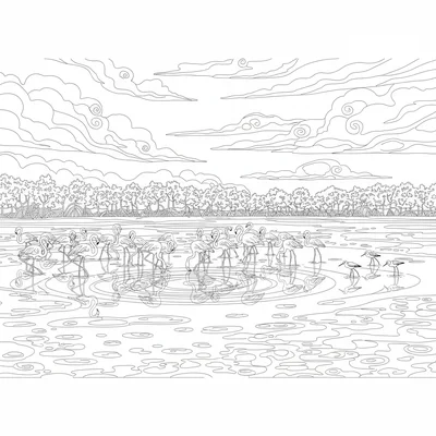 A tidal flat scene at low tide with a flamingo flock coloring page