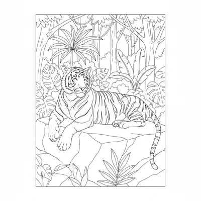 A tiger resting on a flat boulder in a Indian forest at midday, its striped coloring page