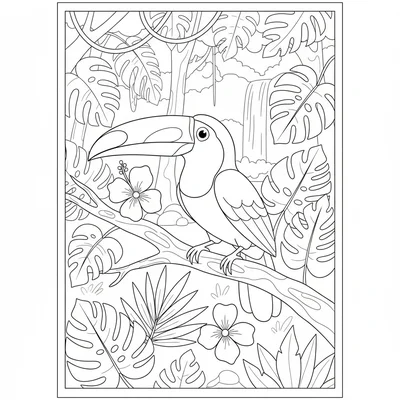 A toucan resting on a branch in a tropical rainforest, its enormous colorful coloring page