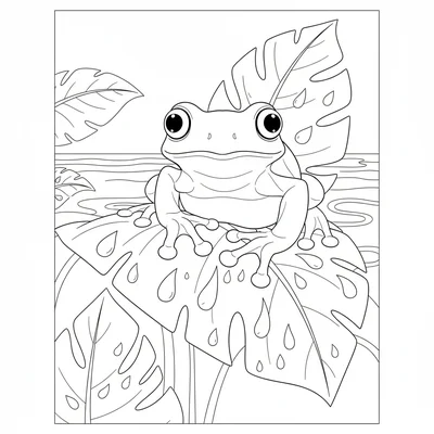 A tree frog clinging to a rain-wet tropical leaf, its bright green body shown coloring page