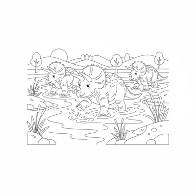 A Triceratops herd of three crossing a broad river, water up to their bellies,… coloring page