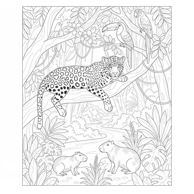 A tropical Amazon rainforest scene with a jaguar resting on a high branch coloring page