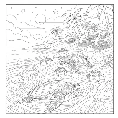 A tropical island nesting beach scene with a leatherback sea turtle emerging coloring page