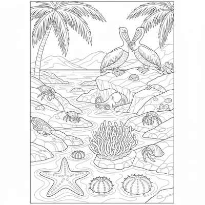 A tropical tide pool scene at low tide with a sea star and sea urchins coloring page