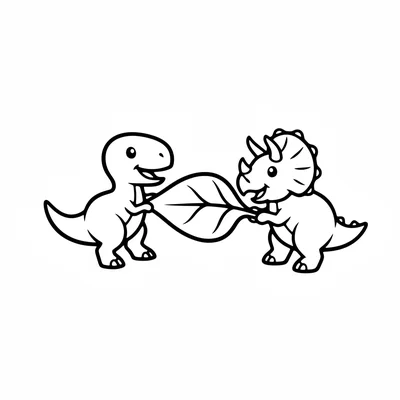 Two baby dinos playing together, a small T-Rex and a small Triceratops tugging… coloring page