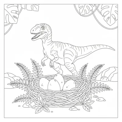 A Velociraptor nest on the ground with a parent raptor standing guard beside it… coloring page