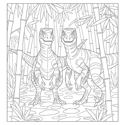 A Velociraptor pair in a bamboo-like prehistoric grove, alert hunting poses wit… coloring page