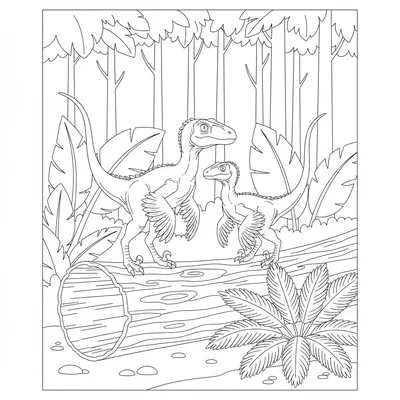 A Velociraptor pair perched alertly on a fallen log in a clearing, feathered bo… coloring page
