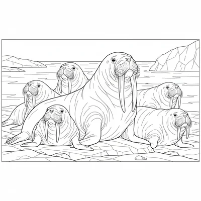 A walrus hauled out on a rocky arctic shore with other walruses packed closely coloring page