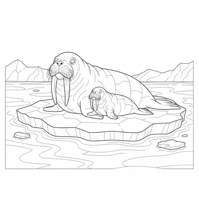 A walrus hauled out on an Arctic ice floe, its large tusks and whiskered face coloring page