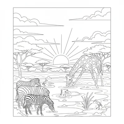 A West African savanna water hole at dusk with zebras coloring page