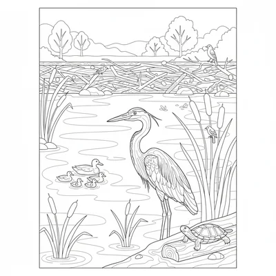 A wetlands scene with a great blue heron standing at the water's edge coloring page