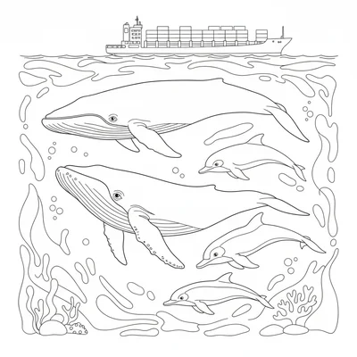 A whale migration route deep ocean scene with a mother humpback whale and her coloring page