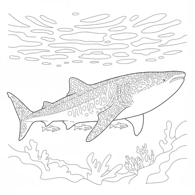 A whale shark moving through clear blue tropical water, its enormous coloring page