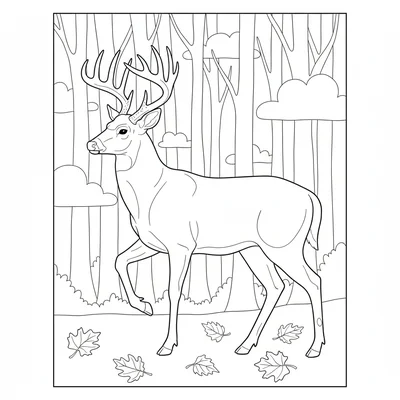 A white-tailed deer buck at the edge of a misty forest, its impressive antler coloring page