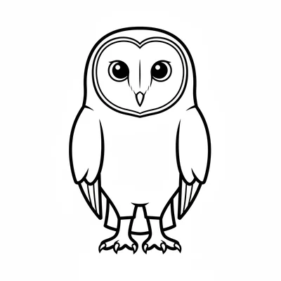 A wide-eyed barn owl facing the viewer, its heart-shaped white facial disc coloring page