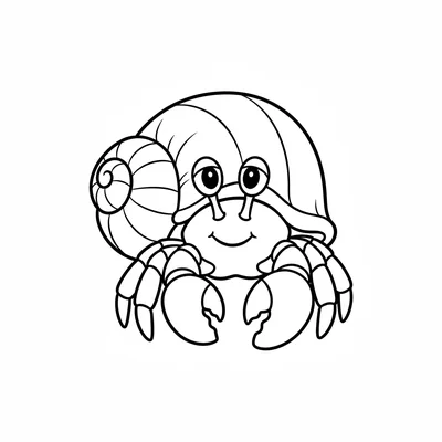 A wide round hermit crab facing forward, its soft rounded body visible inside coloring page