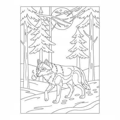 A wolf walking through a snowy pine forest at night, its breath visible coloring page