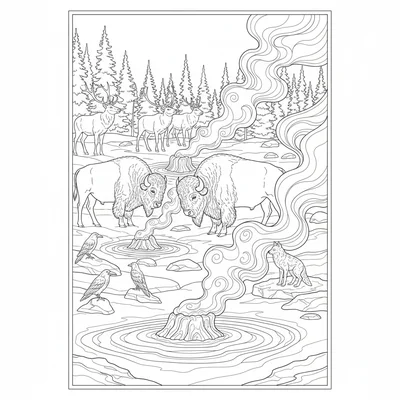 A Yellowstone geyser basin in winter with a bison herd grazing near steam coloring page