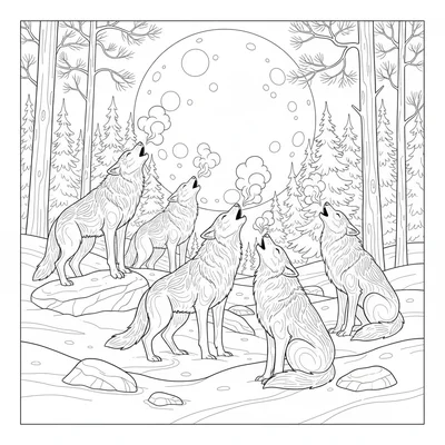 A Yellowstone wolf pack howling in the snow, five wolves coloring page